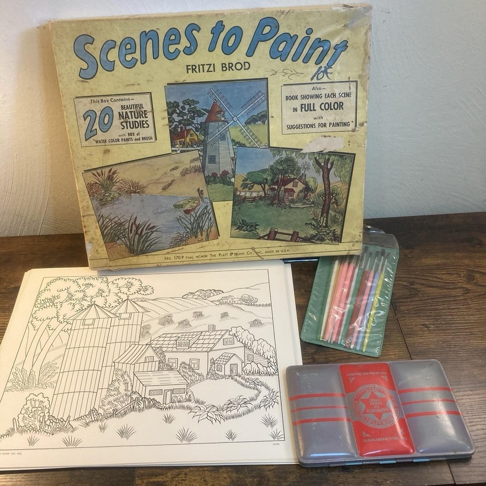 Vtg 1953 Painting Set Platt Munk 14‎ Pictures Water Color Paints Brushes Nature